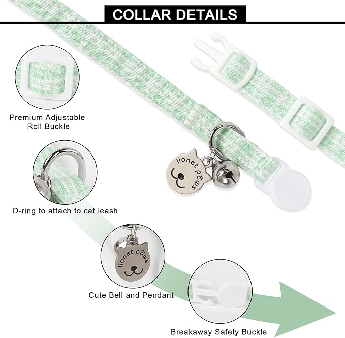 Lionet Paws 2pcs Pack Cotton Cat Collar,Breakaway Buckle with Green Blue Grid and Brand Pendant Cute Adjustable Cat Kitten Collar,Ideal for Girl Cats Boy Cats