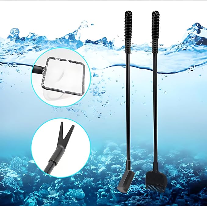4 in 1 Portable Aquarium Cleaning Tool Kit Fish Tank Cleaning Set with Long Handle Fish Tank Cleaner Net, Shovel, Sponge, Plant Fork - Saltwater & Freshwater Fish Tank
