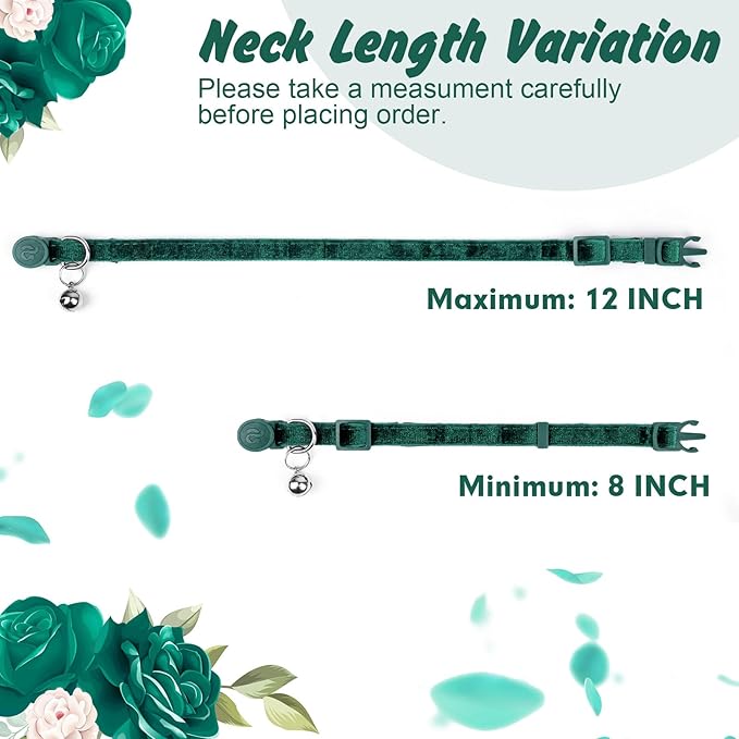 azuza 2 Pack Cat Collar Floral with Bell and Removable Flower Bowtie Breakaway Adjustable Velvet Fabric Cat Collar for Pets Festival Gift and Daily Decoration, Dark Green & Light Green