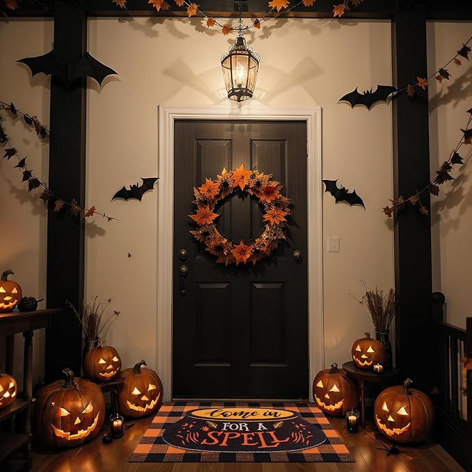 Tinideya 2 Pcs Halloween Door Mat Come in for A Spell Welcome Non Slip Coir Mats Funny Black Orange Buffalo Plaid Floor Layering Doormats Seasonal for Front Porch Entryway Decor(Come in for A Spell)