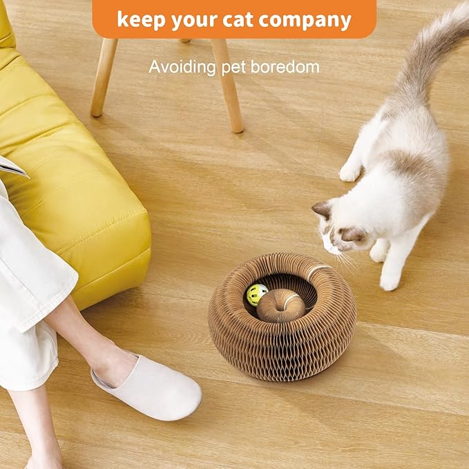 Collapsible Cats Cardboard Scratcher, Interactive Cat Toys for Indoor Cats, Scratch Pad Shape Shifting Ball Track with Bell, Magic Organ Cat Toy for Chase & Scratch Paw Easter Toys for Kitties Pink