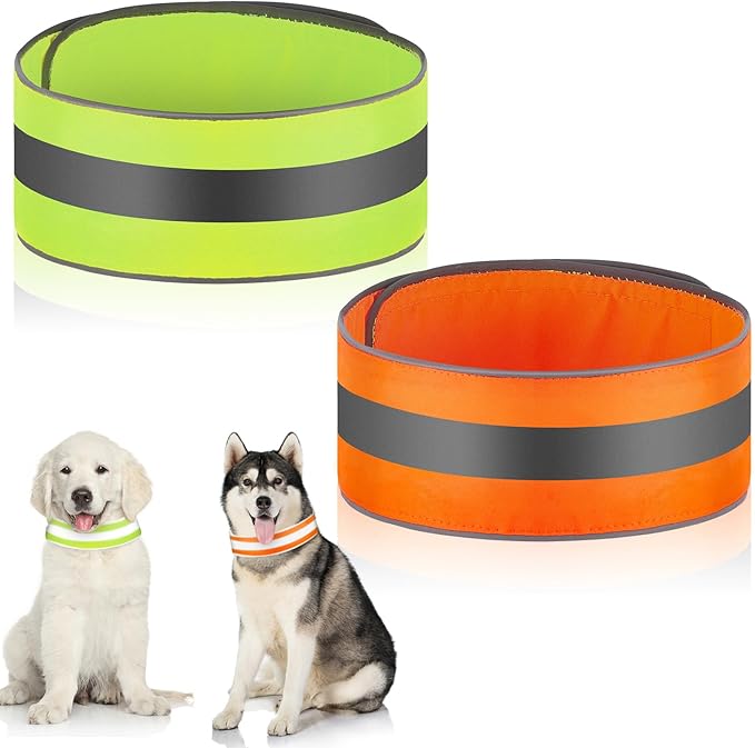 Paterr 2 Pcs Reflective Dog Collar High Visibility Adjustable Pet Collars with Quick Release Fastener Comfortable Dog Walking Accessories for Small Medium Large Pet, Orange, Fluorescent Green(Stripe)