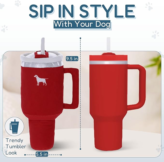 Pup Cup Tumbler Dog Toy – Cute Girl Dog Toy, Valentines & Birthday Gift, Interactive Squeaker, Fun Puppy Present (Ruby Red)