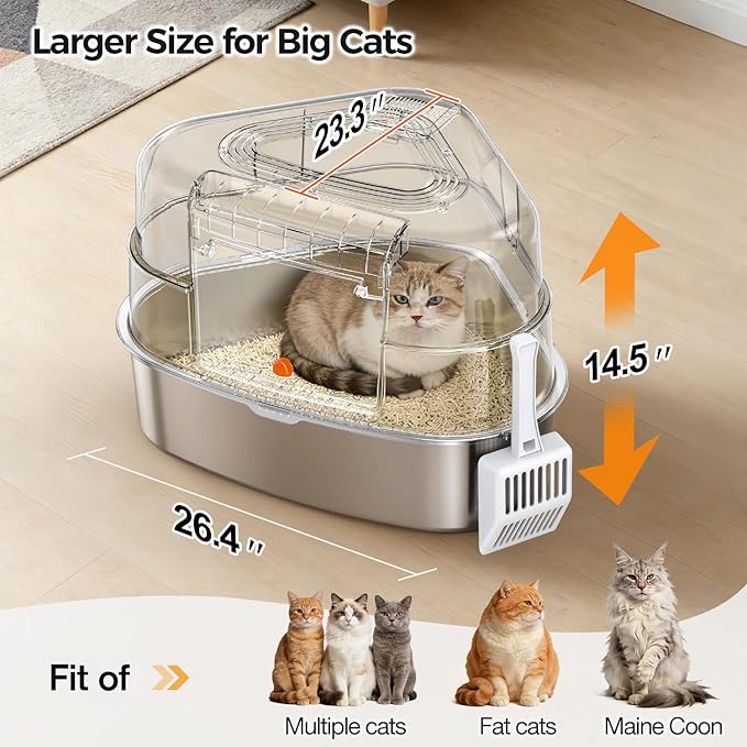 XL Stainless Steel Corner Cat Litter Box with Lid - Sturdy, No Odor & Space-Saving Hidden Design for Large Cats, White