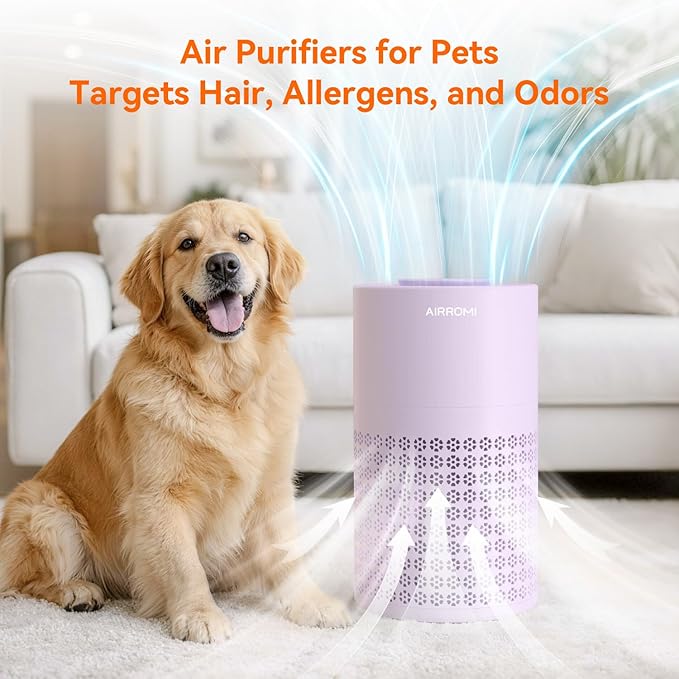 AIRROMI Air Purifier for Bedroom with HEPA 3-in-1 Filter, Pet Air Purifier for Home Cat Pee Smell, Covers Upto 990 Ft², Quiet 360°intake Air Cleaner for Pet Hair,Allergies,Pollen,Smoke A2001 Purple