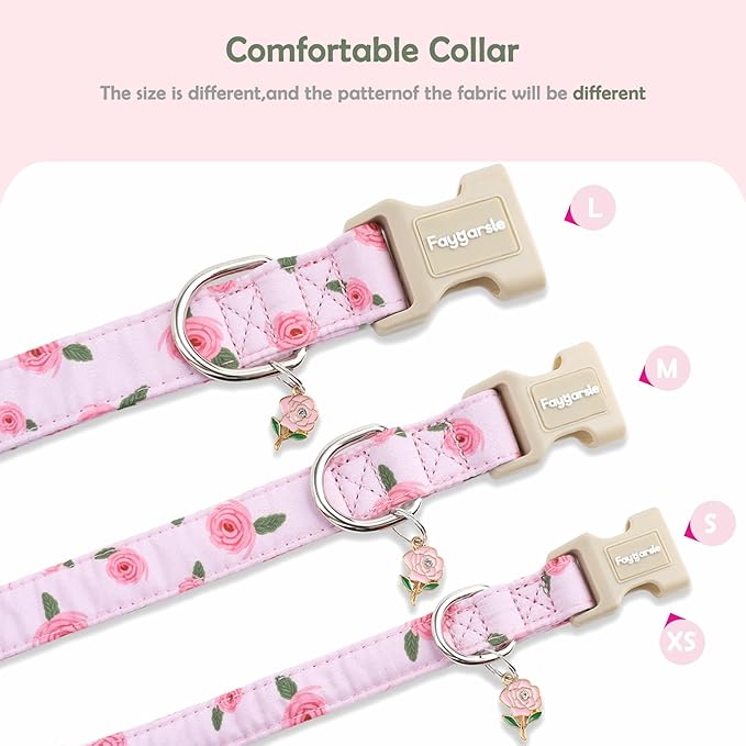 Faygarsle Pink Floral Dog Collar with Roses Pattern, Spring Summer Design for Small Medium Large Dogs XS