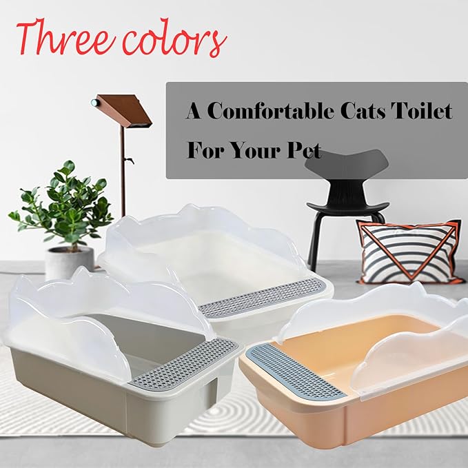 kathson Open Cat Litter Box with High Side,Anti-Splashing Cats Litter Pan,Kitten Toilet with Litter Sifting Scoop,Semi-Enclosed Removable Kittens Litter for Boxes Easy to Clean No Odor 11×17×7 inches