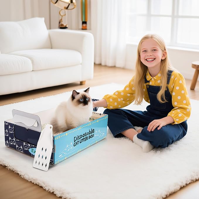 Hiceeden 8 Pcs Disposable Litter Box for Cats, 16.9" x 12.4" x 5.4" Travel Cat Litter Boxes with Disposable Scoops, Portable Cardboard Litter Box with Double Waterproof Coating, Blue