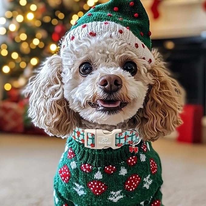 Christmas Dog Collar for Small Dogs - Cute Festive Plaid with Red Bow Christmas Collars for Dogs, Soft Adjustable New Year Dog Collars with Quick Release Buckle S