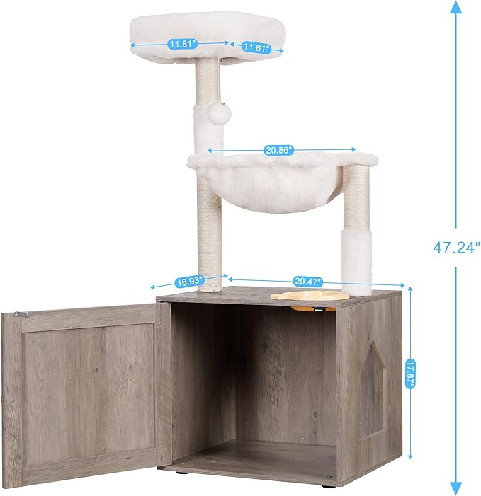 Hey-brother Cat Tree with Litter Box Enclosure, All-in-one Cat Tower for Indoor Cats with Large Hammock, Bed, Food Station, Scratching Posts, Modern Style Pet Furniture, Rustic Gray MPJ100SG