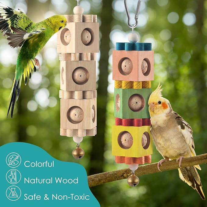 2Pcs Bird Chew Toys for Beak Grinding, Hanging Rotating Wood Block with Bell Parrot Foraging Enrichment Toy for Small to Medium Cocktiel, Conure, Caique
