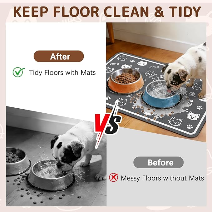 Dog Food Mat for Bowls, Absorbent Quick Dry Dog Cat Mats for Food and Water, Non-Slip Backing Pet Mat Pet Supplies - Cute Cat Pattern