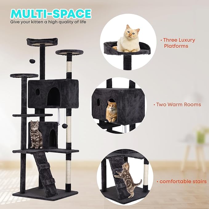 FDW | 70" Cat Tree Tower | Dark Gray | Multi-Level Indoor Activity Center with Sisal Scratching Posts, Condos, Plush Perches, Hanging Cat Toys | Sturdy, Easy to Assemble | for Kittens & Adult Cats