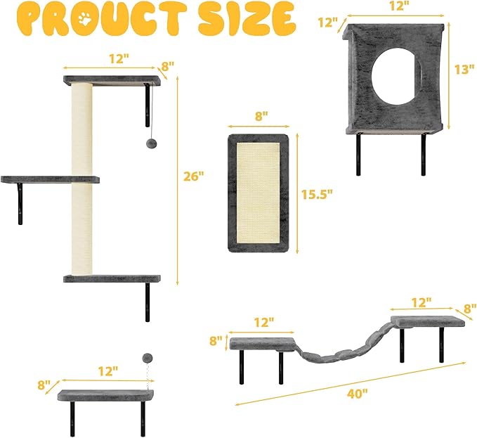 10-in-1 Cat Wall Shelves, Wooden Climbing Wall with Scratching Post, Wall Mounted Cat Furniture for Climbers, Space-Saving Cat Wall for Play & Rest, Drywall & Solid Walls