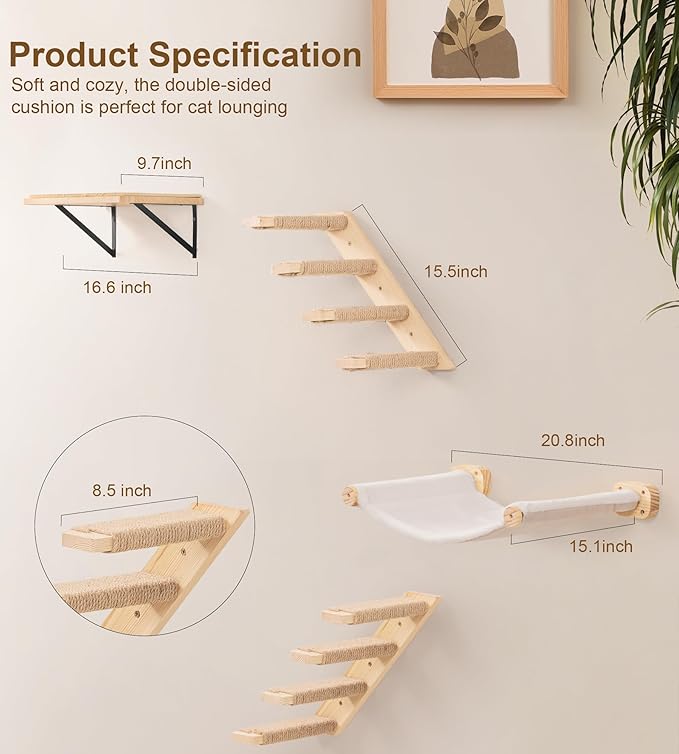 Cat Wall Hammock Set of 3, Wall Shelves with 1 Floating Fabric Hammock, 2 Cat Ladders with 4 Steps Each, Wall Mounted Bed Furniture & Climber for Large Cats