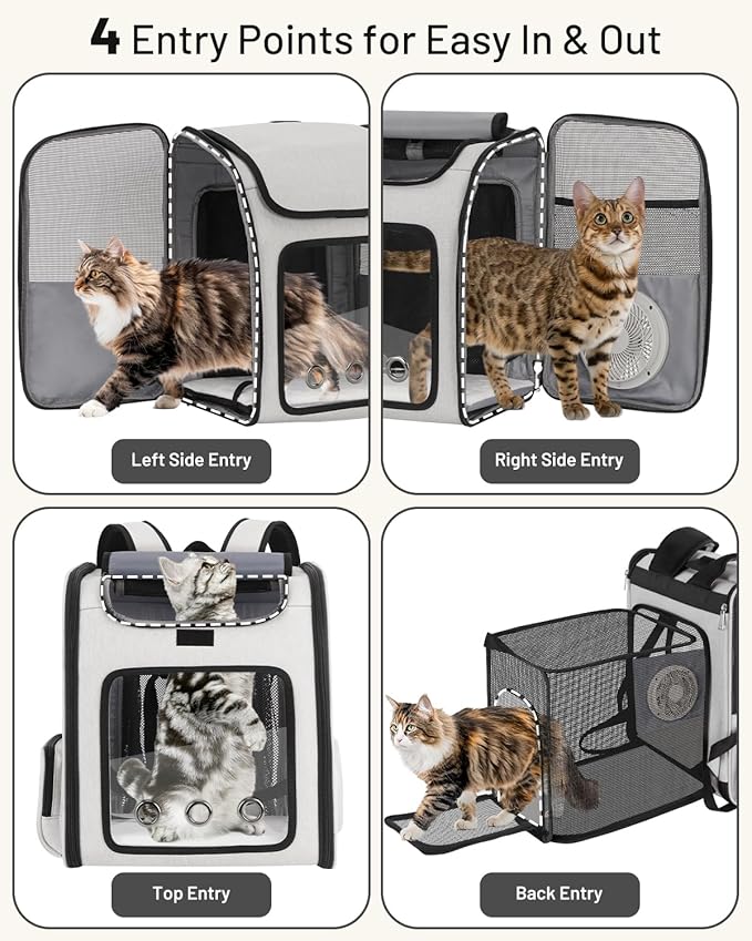 Cat Backpack Carrier with Built-in Cooling Fan & Heating Pad, Expandable Pet Backpack for Cats and Small Dogs up to 16 lbs, Ventilated Travel Carrier for Hiking, Walking & Outdoor, Grey