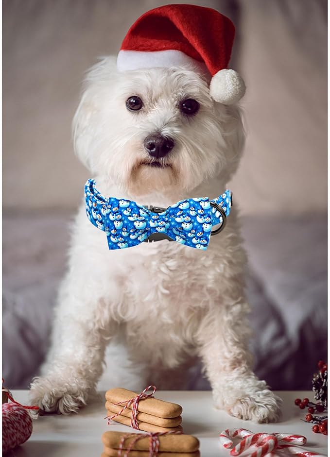 Christmas Dog Collar, Cotton Winter Dog Collars with Bow Cute Blue Snowman Pet Collar Removable Blue White Winter Pet Collars with Metal Buckle for X-Small Girl and Boy Dogs