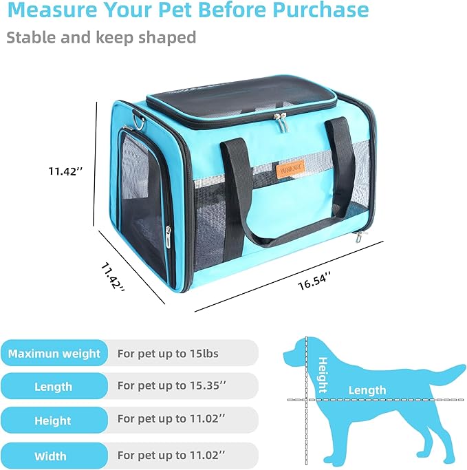 YUNIQUE Soft-Sided Cat & Dog Carrier for Pets Up to 15 Lbs, Airline Approved Collapsible Travel Puppy Carrier with Lightweight Fabric Design (Blue)