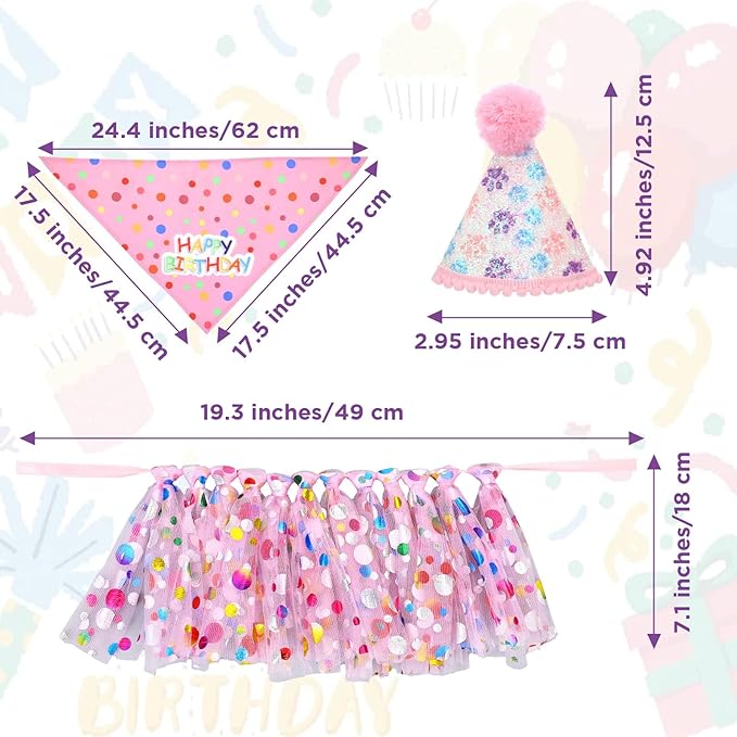 Dog Birthday Bandana with Hat and Dress Girl Set Puppy Birthday Party Supplies Cute Tutu Skirt Outfit for Small Medium Large Dogs Decorations(Purple) (Rose red)