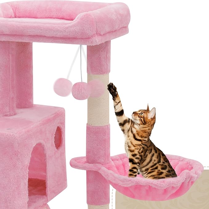 Athena Collection Cat Tree, 36 Inch Tall Cat Tree Tower for Indoor Cats, Multi-Level Cat Tower House Activity Center Climbing Tower with Cat Condo & Hammock & Scratching Post & Dangling Ball, Pink