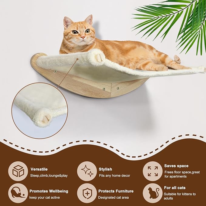 Wall Mount Cat Wall Shelves – Hammock, Scratching Post with Landing, Two Jumping Steps – Cat Furniture and Shelves up to 30 lbs, Set of 4