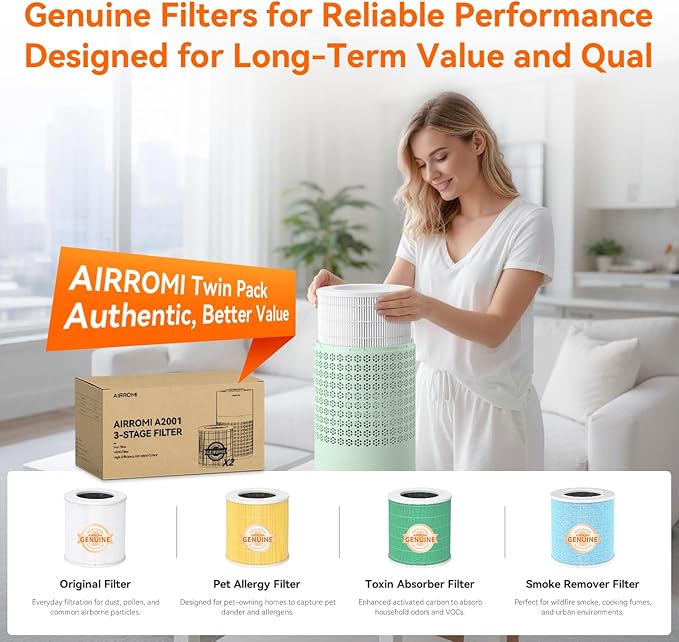 AIRROMI Air Purifier for Bedroom with HEPA 3-in-1 Filter, Pet Air Purifier for Home Cat Pee Smell, Covers Upto 990 Ft², Quiet 360°intake Air Cleaner for pet hair,allergies,Dust,Smoke A2001 Green