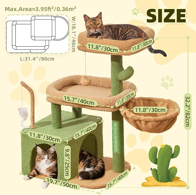 Taoqimiao MS043T Cat Tree, 32.2-Inch Cat Tower for Indoors Cats, Cat Condo with Large Cat Perch, Spacious Cat Cave, Scratching Posts for Small and Medium Cats, Cactus