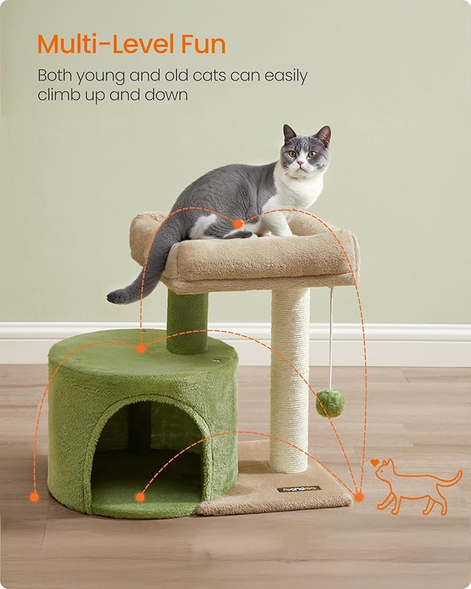 Feandrea Cat Tree, Small Cat Tower with Sisal Scratching Post, Plush Condo with Padded Perch, for Small Spaces, Kittens, Grass Green and Camel Brown UPCT050C01