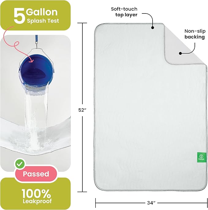 IMPROVIA® Washable Underpads, Heavy Absorbency Reusable Incontinence Pads for Kids, Adults, Elderly, and Pets - Waterproof Protection Floor White & White (2 Pack - 34x52)