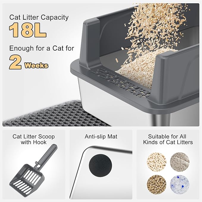FURTIME Stainless Steel Cat Litter Box with Lid, Metal Kitty Litter Box for Small Cats, Kitten Litter Boxs with Scoop and Mat, Non-Sticky, Anti-Leakage, Easy to Clean, 17"x13"x8.4" (Small)