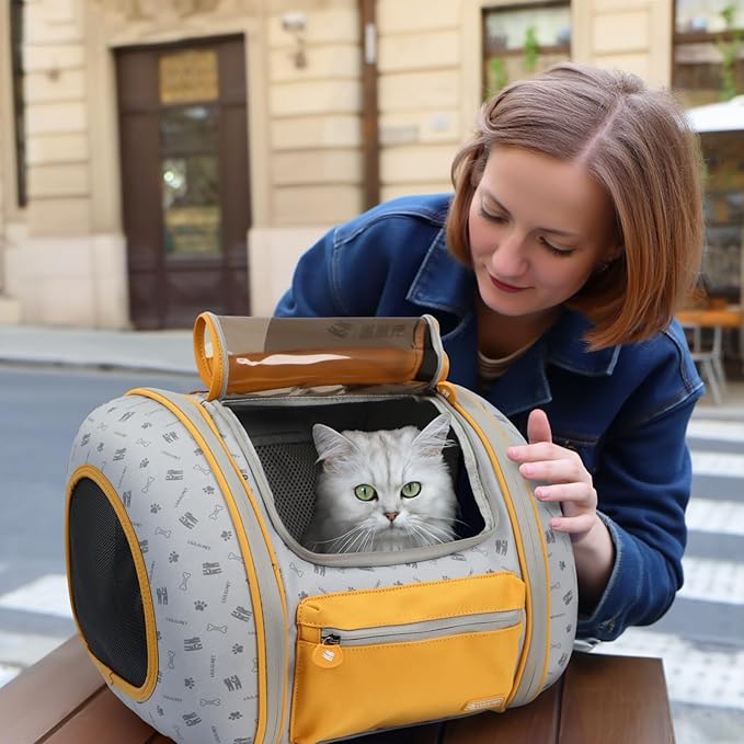 Cat and Dog Backpack Carrier, Foldable Breathable Pet Carrier Backpack with Mesh Ventilation, Large Portable Outing Traveling Pet Bag for Small, Medium Cats, Small Dogs, Orange
