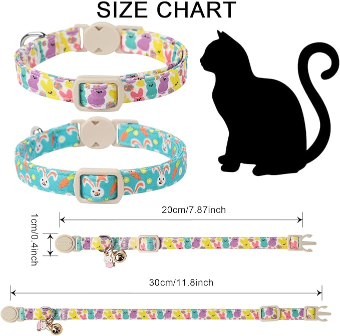 Cat Collar,2 Pack Easter Day Bunny Cat Collars Breakaway with Bell, DOGWONG Safety Buckle Cat Collar Rabbit Cat Collar for Girl Boy Cats，Adjustable 7-12 Inch