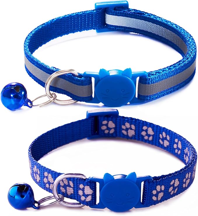 Blue Break Away Cat Collar with Bells, [2 Pack] Breakaway Kitten Collar with Bells, Reflective Cat Collar for Girl Cats Kitty