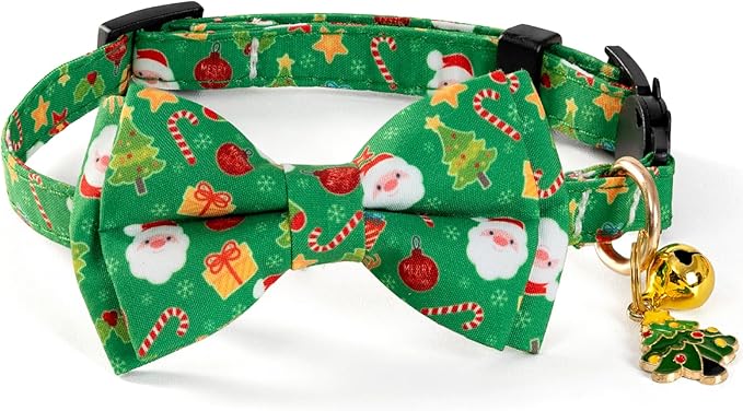 Christmas Cat Collar with Cute Bow Tie Bell 2Pack Red Green Santa Claus Breakaway Collar for Male Female Soft Christmas Kitty Kitten Cute Cat Collars Ideal for Girl Cats Boy Male Cats