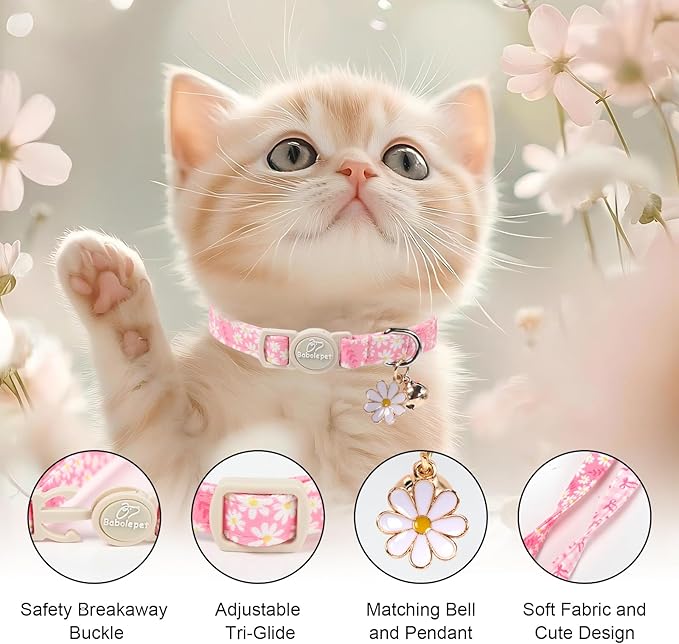 2 Pack Pink Cat Collars - Cute Bow & Daisy Breakaway Cat Collar with Bell & Matching Pendant, Soft Adjustable Spring Summer Girly Kitten Collars for Girl Cats