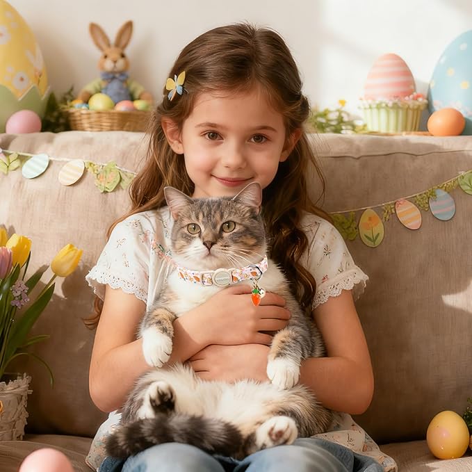 2 Pack Easter Cat Collars,DOGWONG Cute Breakaway Kitty Collars,Blue Bunny Pink Carrot Cat Collar with Bell, Easter Kitten Collars for Girl & Boy Cats