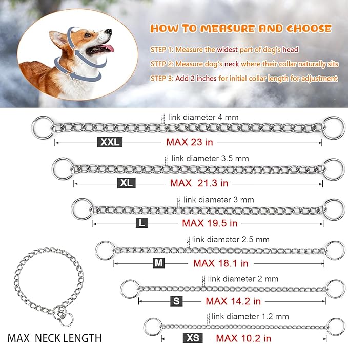 TagME Chain Choke Collar for Dogs, Adjustable Weather Proof Necklace for Medium Large Dogs, Alloy Steel Pet Training Collar
