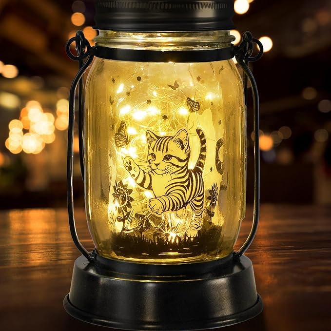 kyoryuger Cat Gift for Women Cat Gifts Solar Lantern, Cat Solar Lights Outdoor Cat Lover Gifts for Women Men Cat Lovers Gifts Hanging Cat Lanterns for Yard Garden Decor Waterproof Lantern Torches