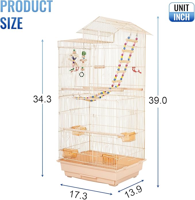 FDW 39 Inch Bird Cage Parakeet Cage with Play Top Rolling Stand & Easy Clean Pull-Out Tray Roof Top Parrot Cage for for Finches Canaries Parakeets Cockatiels & Other Small Birds, Almond