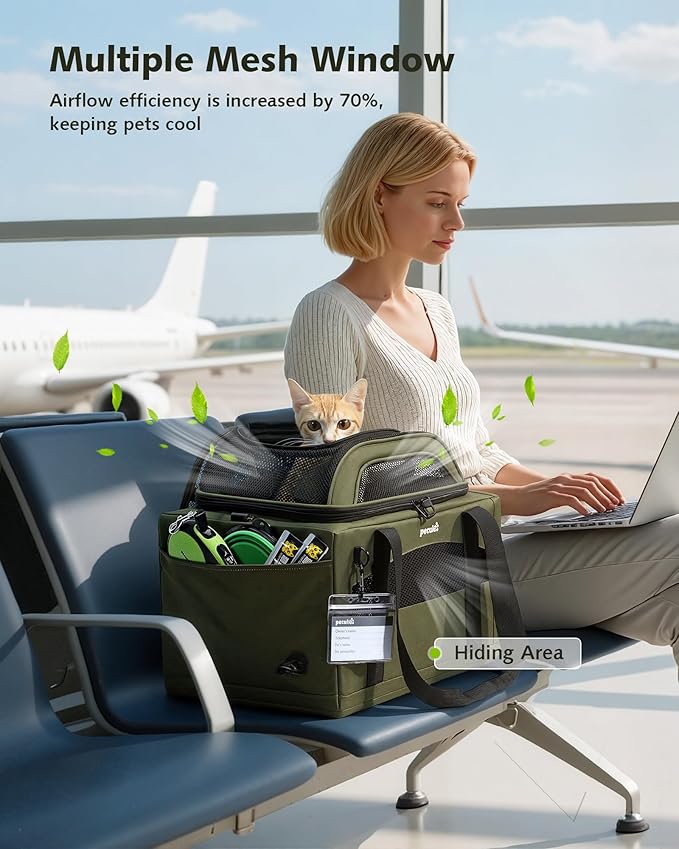 Pecute Expandable Pet Carrier Airline Approved Dog Cat Carrier, Breathable Soft-Sided with Locking Zippers, Pet Travel Bag for Small Dog Cat Anti-Scratch Mesh Leakproof Pee Pad (Dark Green)