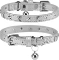 Leather Cat Collars for Boy Girl Cats with Bell and Safety Elastic Belt, Personalized Star and Moon Stud Adjustable Safe Buckle Collar for Kitty Small Big Cats Size 8-12 Inch, Silver Grey