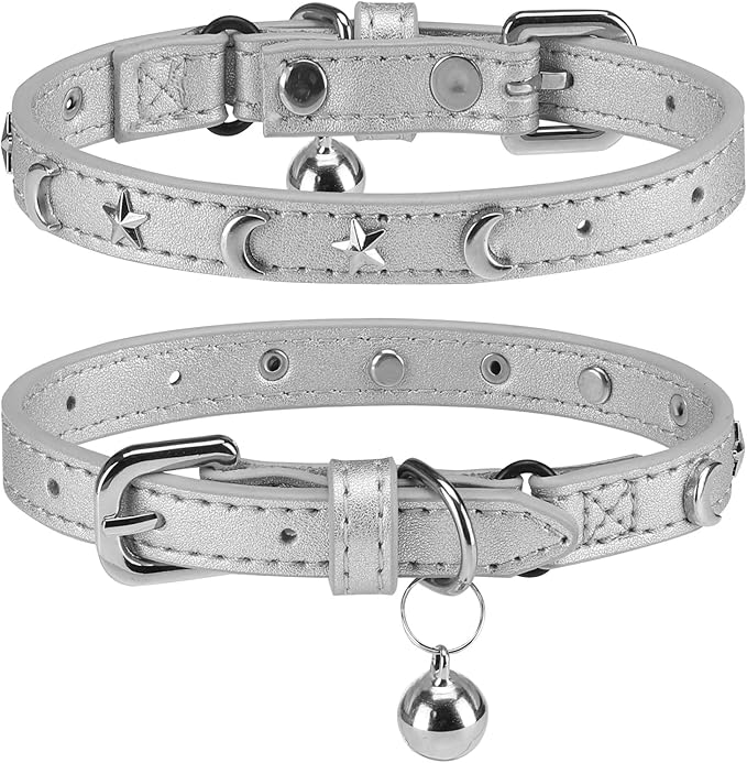 Leather Cat Collars for Boy Girl Cats with Bell and Safety Elastic Belt, Personalized Star and Moon Stud Adjustable Safe Buckle Collar for Kitty Small Big Cats Size 7-9 Inch, Silver Grey