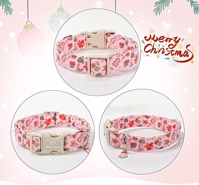 Christmas Dog Collar - Cute Pink Cozy Christmas Puppy Collar with Safety Buckle, Soft Adjustable Holiday Dog Collars for Small Medium Large Dogs XL
