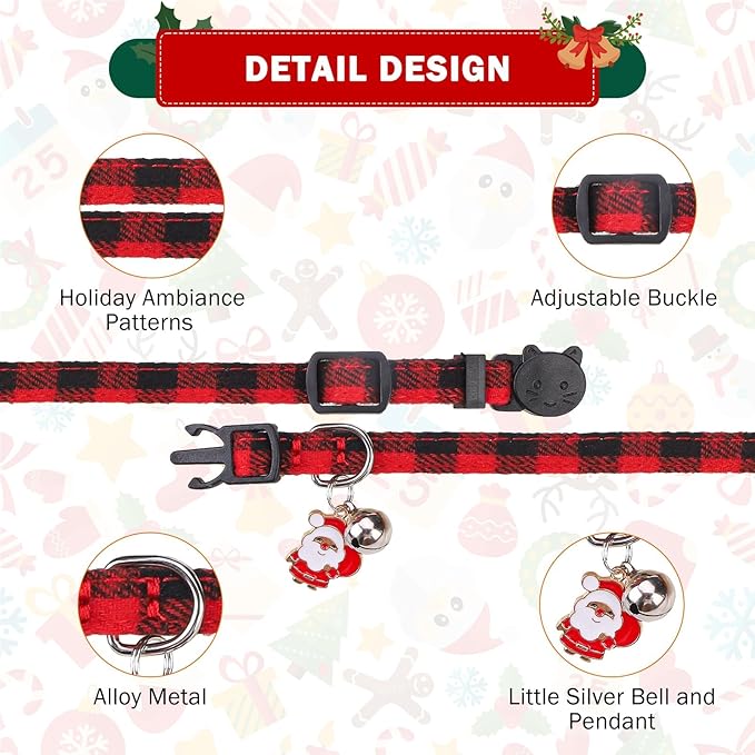 SCENEREAL Christmas Cat Collar with Bell & Stylish Bowtie, Classic Red Green Plaid Pattern Breakaway Cat Collars Accessories for Boy Girl Small Cats, Holiday Xmas Kitten Costumes for Female Male Pets