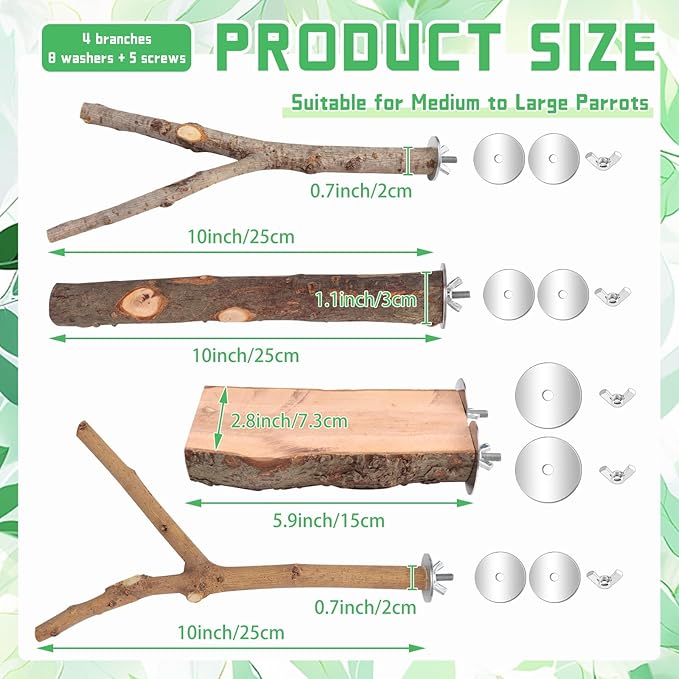 BILLIOTEAM 4-Pack Natural Wood Bird Perch Stand with Spacious Platform, Thick & Long Branches, Large Parrot Cage Accessories for African Grey, Macaws, Conures, Eclectus (Medium & Large Birds)