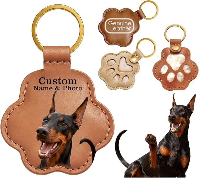 Personalized Pet Memorial Gifts for Dogs, Custom Name Paw Shaped Leather Keychain, Dog Fur Keepsake for Bag or Key