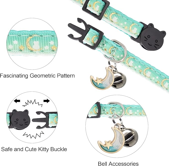 2 Pack Breakaway Cat Collar with Bells,Adjustable Moon and Star Kitten Safety Collars for Boys & Girls,Purple+Teal