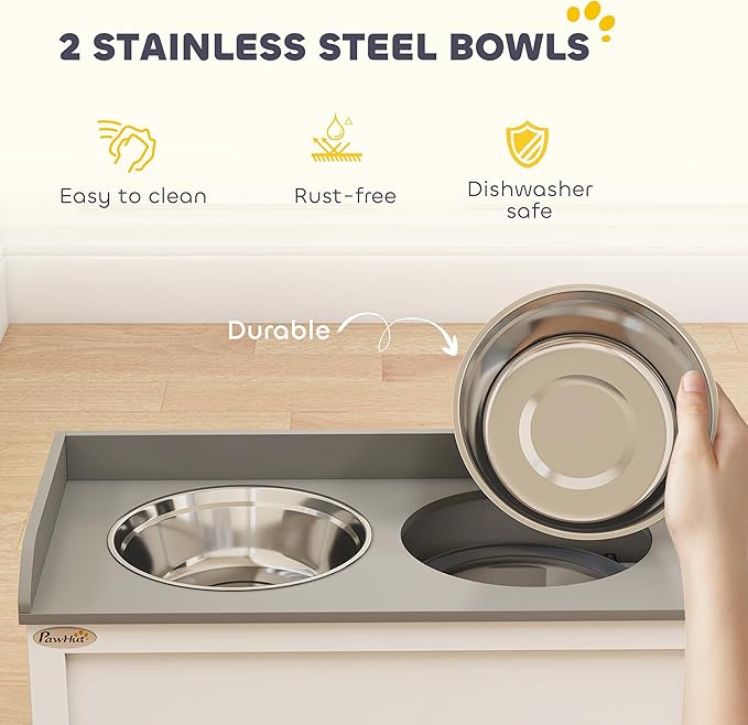 PawHut Large Elevated Dog Bowls with Storage Drawer Containing 21L Capacity, Raised Pet Feeding Station 2 Stainless Steel Grey,White