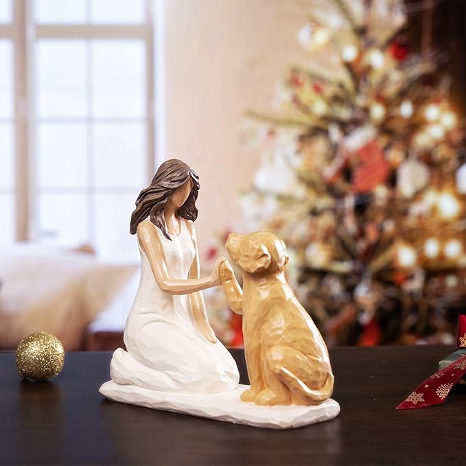 BUTILIVEEN Resin Woman with Dog Figurines, Sympathy Dog Memorial, Pet Loss Gifts, Golden Retriever, Labrador Gifts, Home Bedroom Living Room Tabletop Shelf Decor