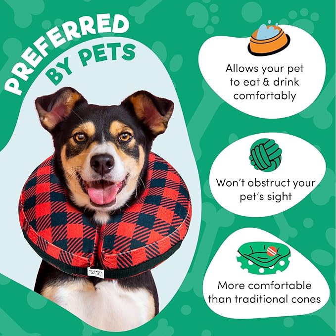 BENCMATE Inflatable Dog Cone Collar Alternative, Soft Dog Cone for Small Medium Large Dogs and Cats, Neck Recovery ECollar Donut Collar After Surgery (Medium, Plaid)